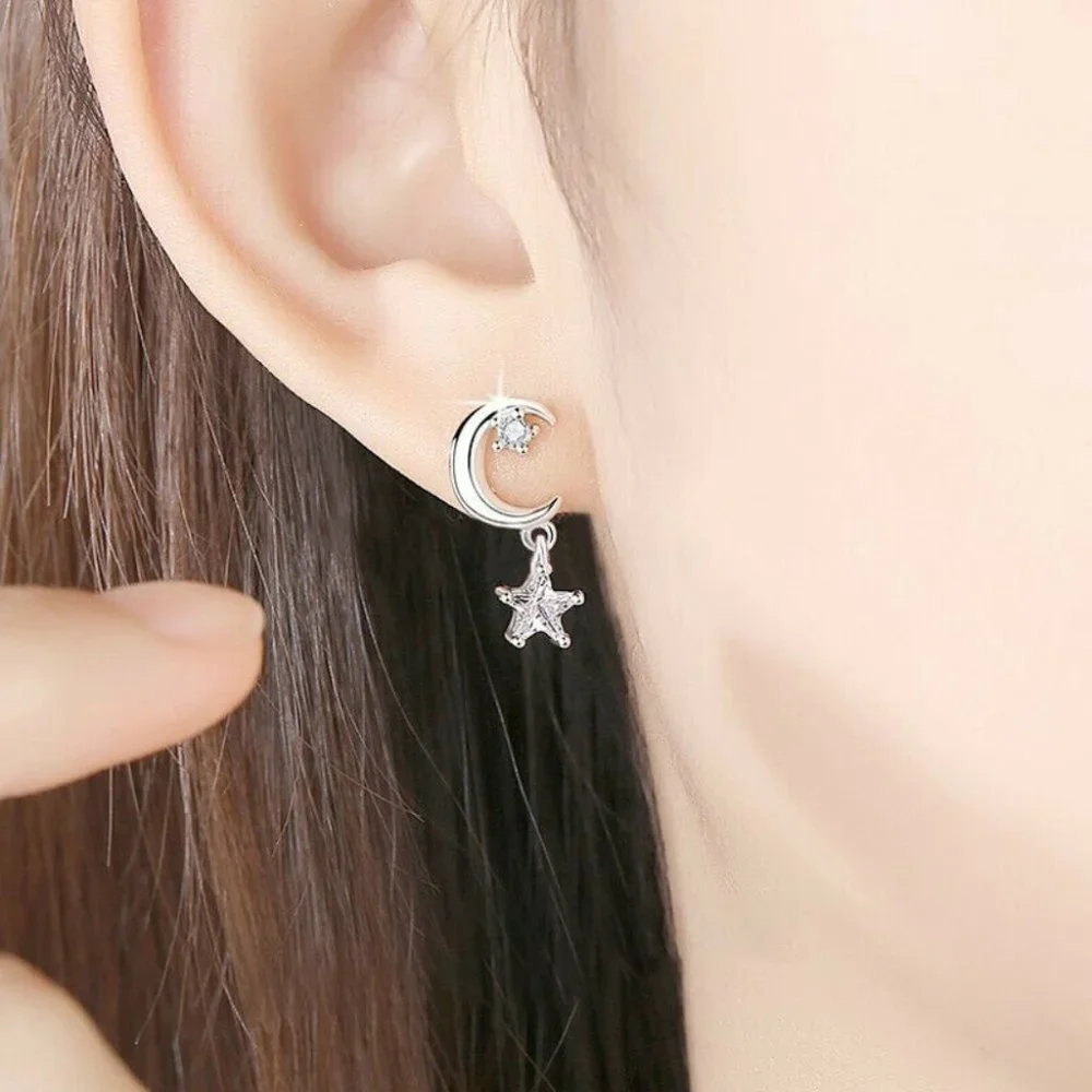 NEW 925 Silver White Sapphire Star & Moon Earrings